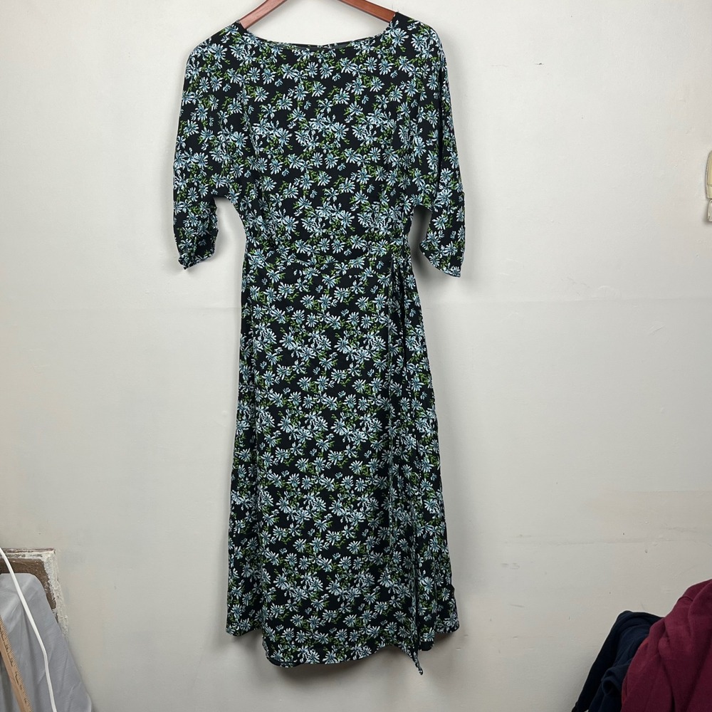 Liwisi Floral Wrap Midi Dress Small Black Blue Cottagecore Whimsical